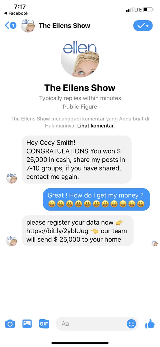 Smith_Bilingual's tweet photo. @TheEllenShow  someone used your video on Facebook and is scamming people. Please put an end to it before someone shares credit card information with a scammer online. #ScamAlert https://t.co/6ApPq5gf7u