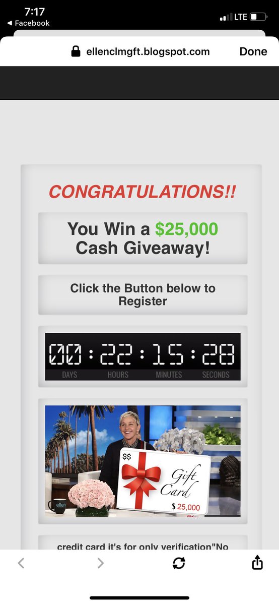 Smith_Bilingual's tweet photo. @TheEllenShow  someone used your video on Facebook and is scamming people. Please put an end to it before someone shares credit card information with a scammer online. #ScamAlert https://t.co/6ApPq5gf7u