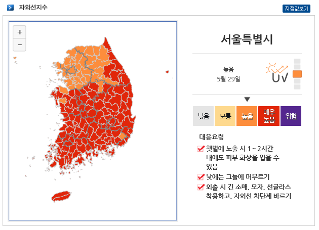 atopyinfocenter's tweet photo. 2020.05.29(금)
 [서울 자외선지수]
오늘의 서울시 자외선지수는 '높음'입니다.
햇볕에 노출 시 수십 분 이내에도 피부 화상을 입을 수 있으며,
낮에는 실내나 그늘에 머무르시고
긴 소매, 모자, 선글라스 착용! 자외선 차단제는 필수 입니다!
 <출처: 기상청> https://t.co/GlblA71gyP