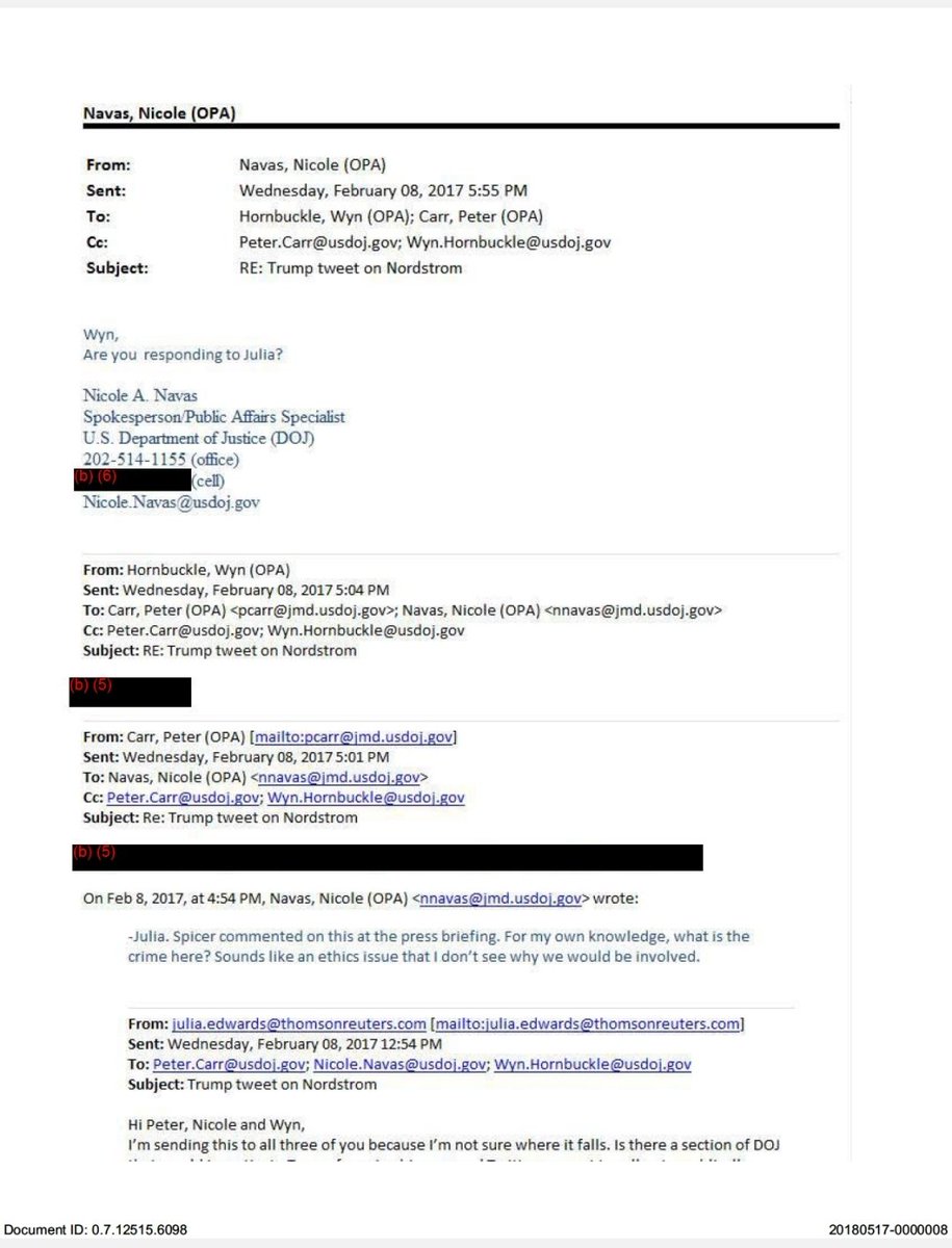 Here's an email between DOJ public affairs officials trying to figure out how to respond to the media about Trump's tweet regarding Ivanka and Nordstrom8/