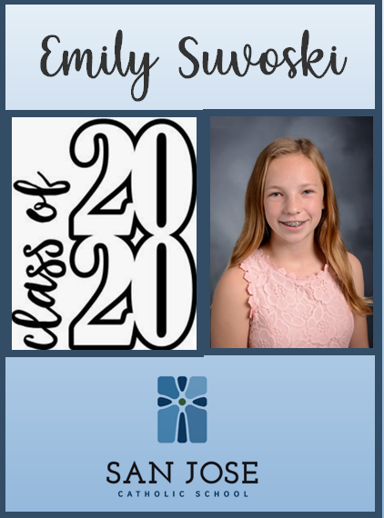SanJoseCSJax's tweet photo. 8th grade Spotlight of the Day! We are so proud of our 8th graders and are excited to see where their journey leads them. Their presence on our campus will be greatly missed. Congratulations, Class of 2020! #sanjosecatholic #classof2020 #catholicschoolstrong https://t.co/63OZE25bdc