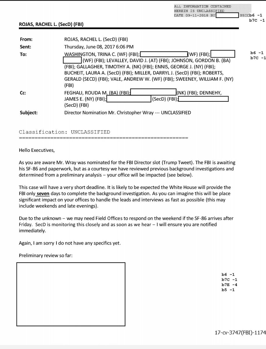 An email FBI sent personnel saying Trump nominated Chris Wray director via tweet 10/