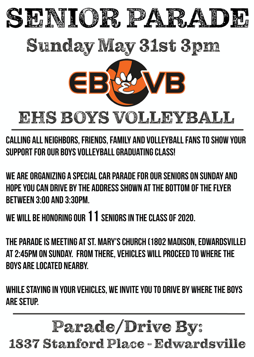 We are planning to honor our boys volleyball team this weekend on Sunday at 3pm with a parade.  Attached are two flyers with more information.  Please feel free to share.
