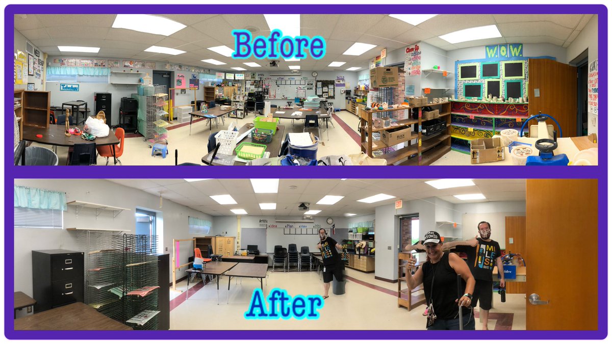SEBcoach12's tweet photo. The Glenn art studio is officially packed up. Phew...😅 Thanks to my team, @KrisHolmesMusic, Lilly &amp; Debbie. What a sad way to end the year but I’m looking forward to a #NewBetter next school year. 💃🏽@NISDGlenn @NISD #BePositive #growthmindset #artTeacher #cleanclassroom https://t.co/Z6fI917LoE