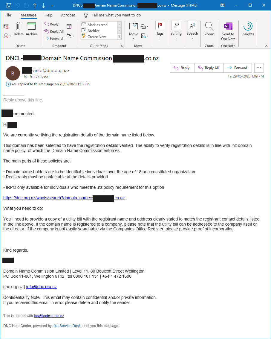 Here's the email. The registrant does not recall getting this - either got caught in spam, or she (quite rightly) binned it as probable phishing. They did not attempt to phone her or anything else.