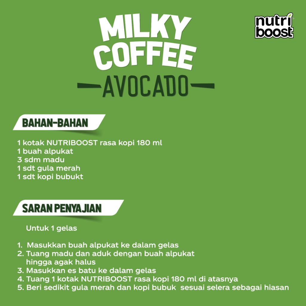Awali pagimu dengan minuman kopi susu, sehingga kamu bisa bersemangat untuk memulai hari.

Bikin harimu #KembaliSegarBersama dengan Milky Coffee Avocado. Dengan buah alpukat asli ditambah NUTRIBOOST rasa kopi. Cobain deh! 

#MilkyCoffeeAvocado #SelaluSiapdanBersemangat