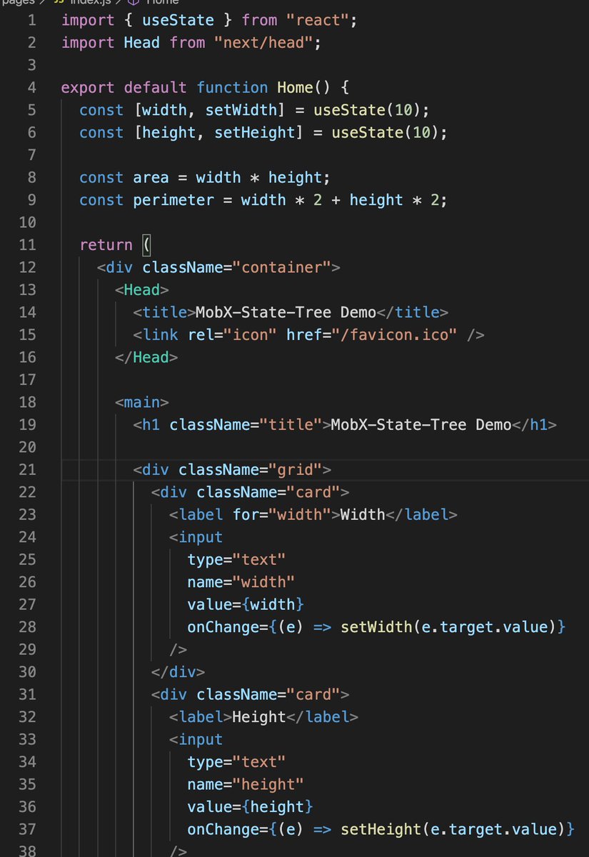 And here's the relevant code. Nothing too special, just a couple useStates and simple calculations. The inputs onChange trigger the `setWidth` and `setHeight` functions, which cause a re-render.