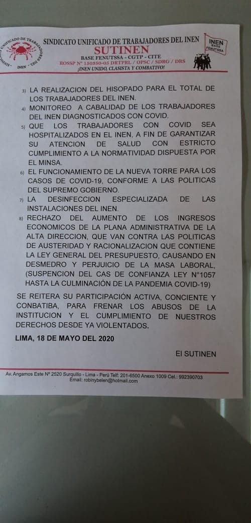 jfowks's tweet photo. La situación en el Instituto Nacional de Enfermedades Neoplásicas: médicos impagos, sin equipos de protección personal ni pruebas rápidas #COVID19 https://t.co/1E6VnfvkJd