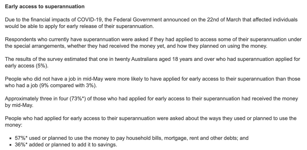 Latest ABS household survey shows 57% of those applying for early super release planned to use it for living expenses / pay down debt; 36% to save it. Not much evidence it's being frittered away on swimming pools. 

abs.gov.au/ausstats/abs@.…