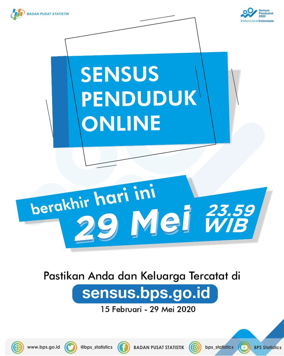 bps_statistics's tweet photo. Sensus Penduduk Online berakhir hari ini.
Jadilah bagian pelaku sejarah, karena Sensus Penduduk baru akan diadakan sepuluh tahun lagi.

Mari luangkan waktu sejenak mengisi data kependudukan di laman https://t.co/yt3sScU1if.

Bersama kita #MencatatIndonesia.

#SP2020 https://t.co/4LOWHDaXzq
