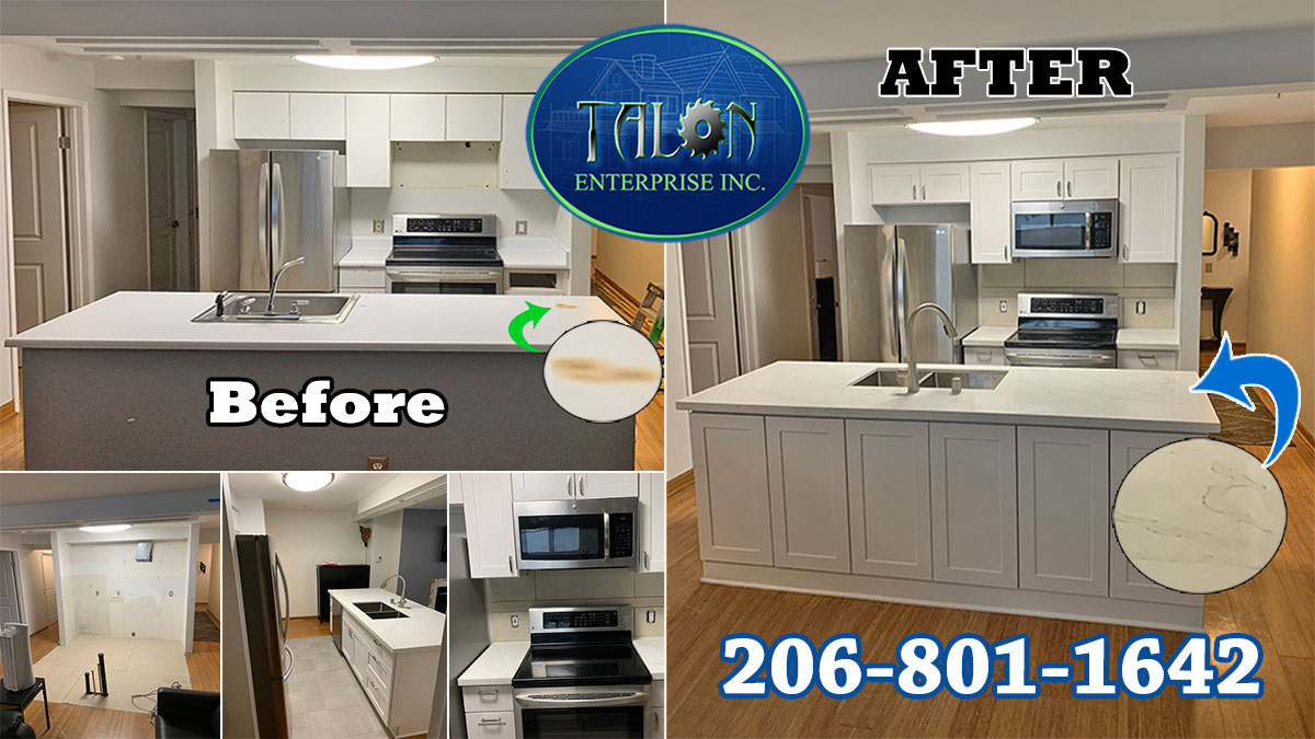 TalonEnterprize's tweet photo. Who says a #SmallKitchen can't be stunning and efficient? This #Seattle #homeimprovement  project upgraded laminate counter to stone, new sink, #tile floor &amp; backsplash. Floating cabinets later hung over the new island. All in one week! Let us give you a #kitchendesign #makeover https://t.co/zSeTy0wx6s