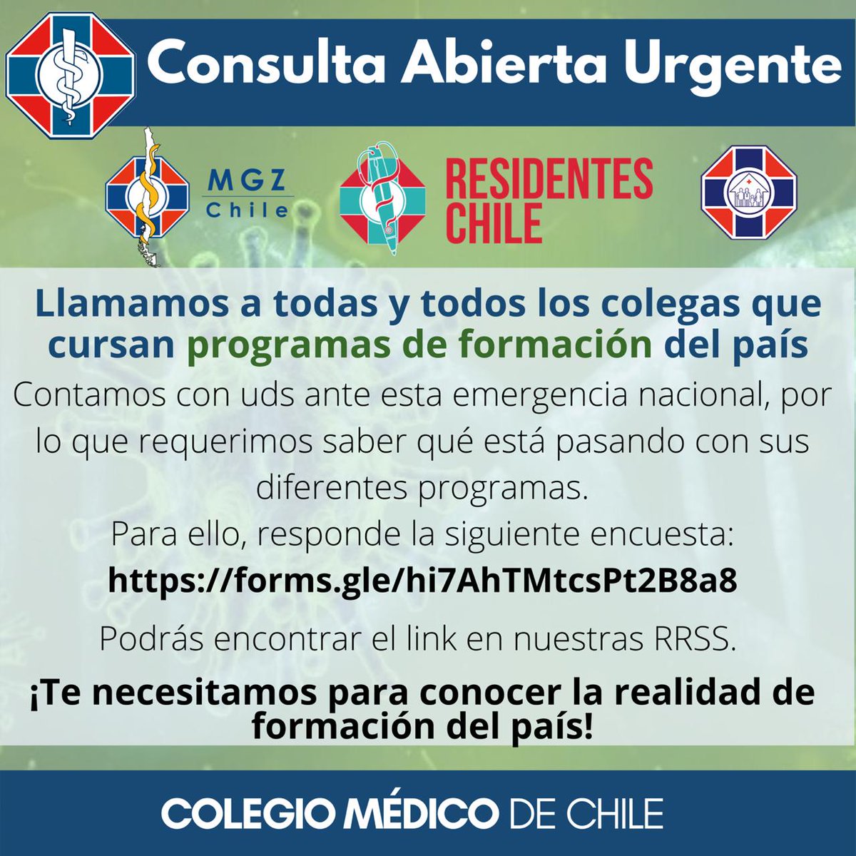 Colmedchillan's tweet image. Compartimos una relevante solicitud de @MgzChile @residenteschile @colmedchile: Una encuesta para los #Médicos que están en el Programa de Formación  de Especialidad a lo largo del país. No dejes de ser parte de esta iniciativa e invita a tus colegas.