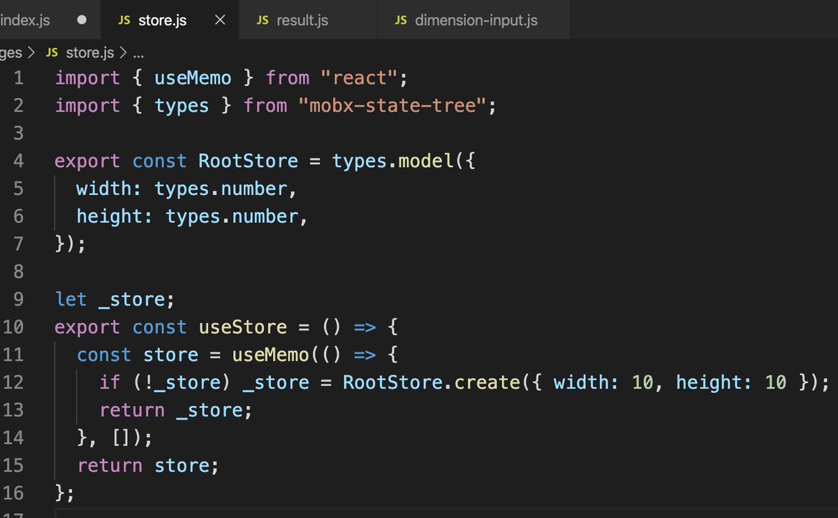 We need a way to access a single instance of the store in any component. Easiest way is to create a custom hook using useMemo. (You can also use context, but this is my favorite.) We hang onto a reference to the store in `_store` which makes sure we only ever have one.