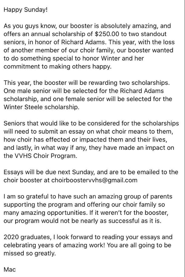 vvhs_choir's tweet photo. Hey Seniors! Just a reminder that scholarship essays are due SUNDAY! https://t.co/AOyOghgtPl