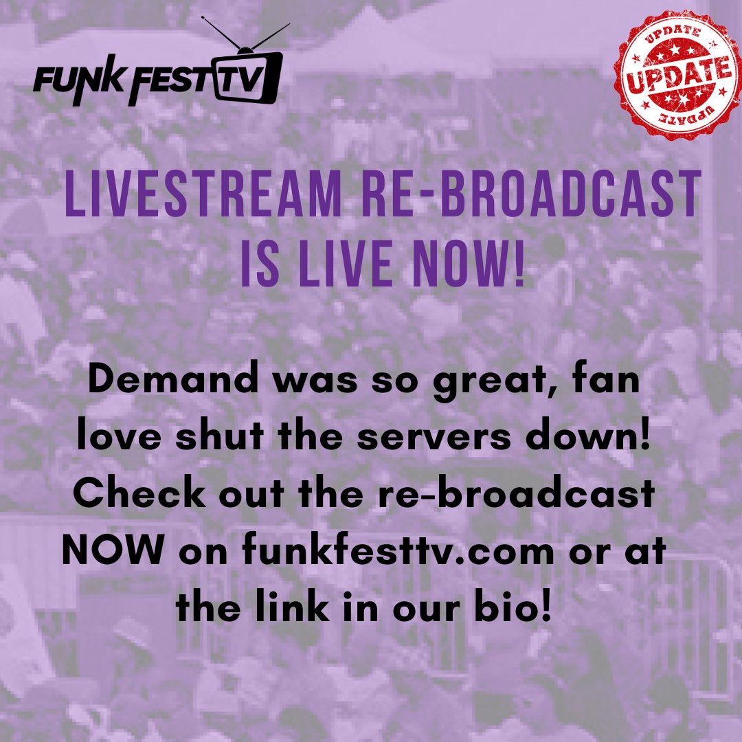 Demand was so great, fan love shut the servers down! Check out the re-broadcast NOW on funkfesttv.com or at the link in our bio!