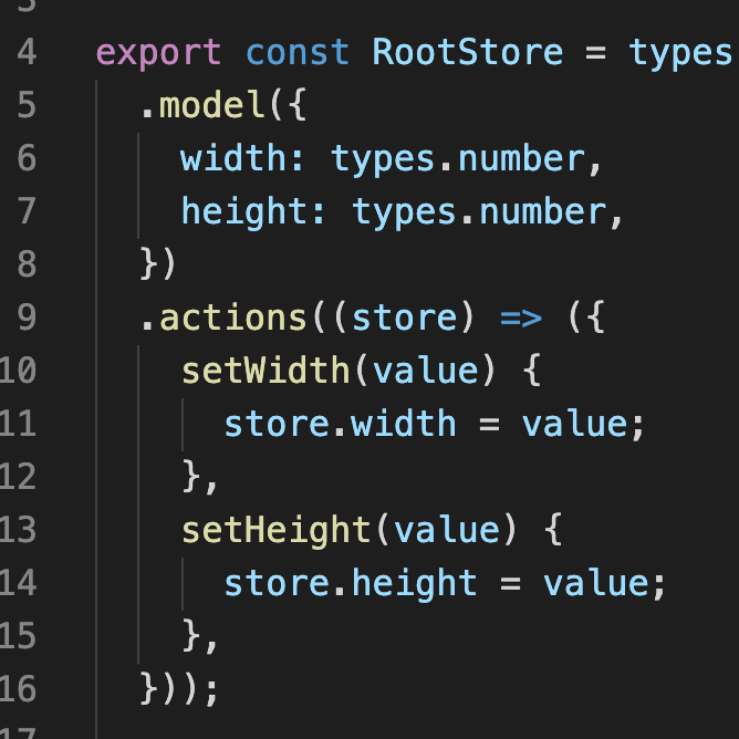 Back in the store, we add a couple of setter actions. In MST, the only place that data can be mutated is in an action. This allows MST to track changes properly.