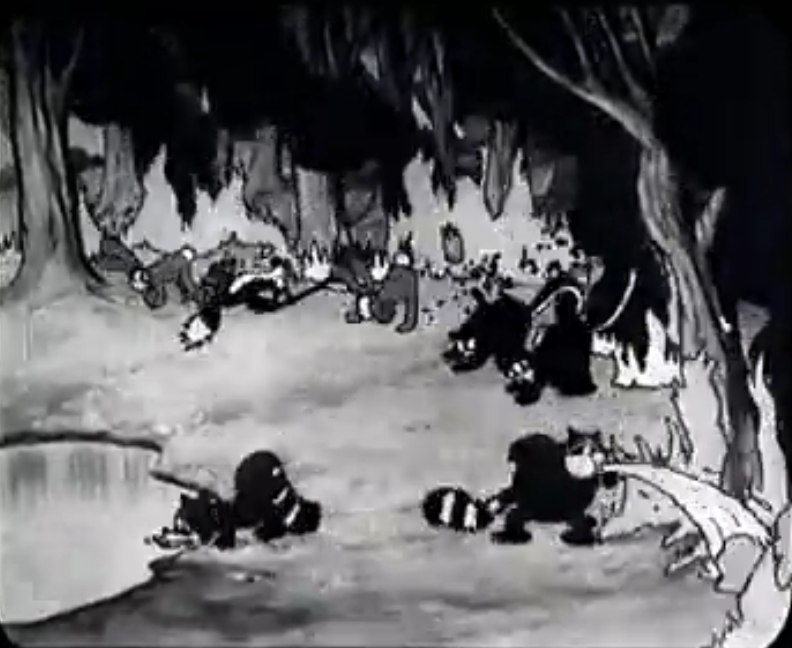 The forest critters try (but are unable) to extinguish the fire themselves.