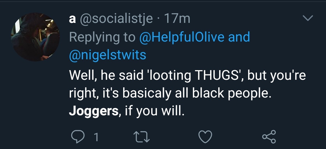TW// violence, mentions of slaughter, just blatant racism Racists are referring to black ppl as "joggers" by using it in a similar way to the n-word. Just go to the twt search bar and write joggers and you'll find them, especially when you click on latest