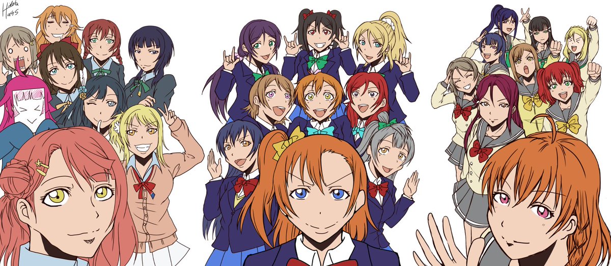 絢瀬絵里 ,星空凛 ,小泉花陽 ,高坂穂乃果 ,黒澤ダイヤ ,南ことり ,西木野真姫 ,小原鞠莉 ,桜内梨子 ,園田海未 ,高海千歌 ,東條希 ,津島善子 ,渡辺曜 ,矢澤にこ 「ラブライブ!10周年誠ニオメデトウゴザイマス。モットモット、繁栄ト幸アレ。
#ラ」|日高ハンスのイラスト