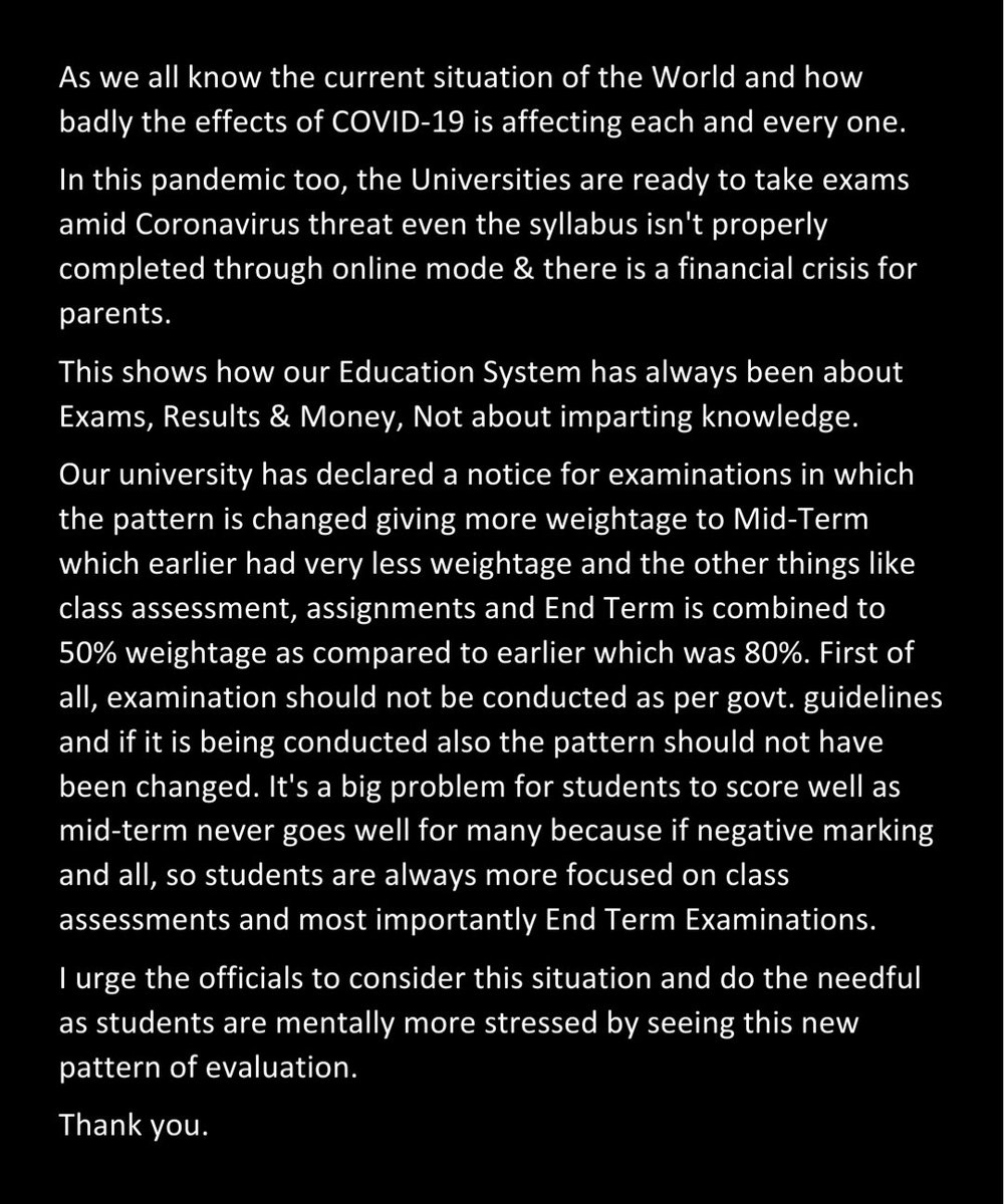 NiteshS20272074's tweet photo. I don't know why Lpu is so desperate to take exam in this deathly Pandemic.
I Just want to request please postpone the exam as I am in Institutional Quarantine I can't study now. #examsatlpu
@DrRPNishank https://t.co/QFERggHaey