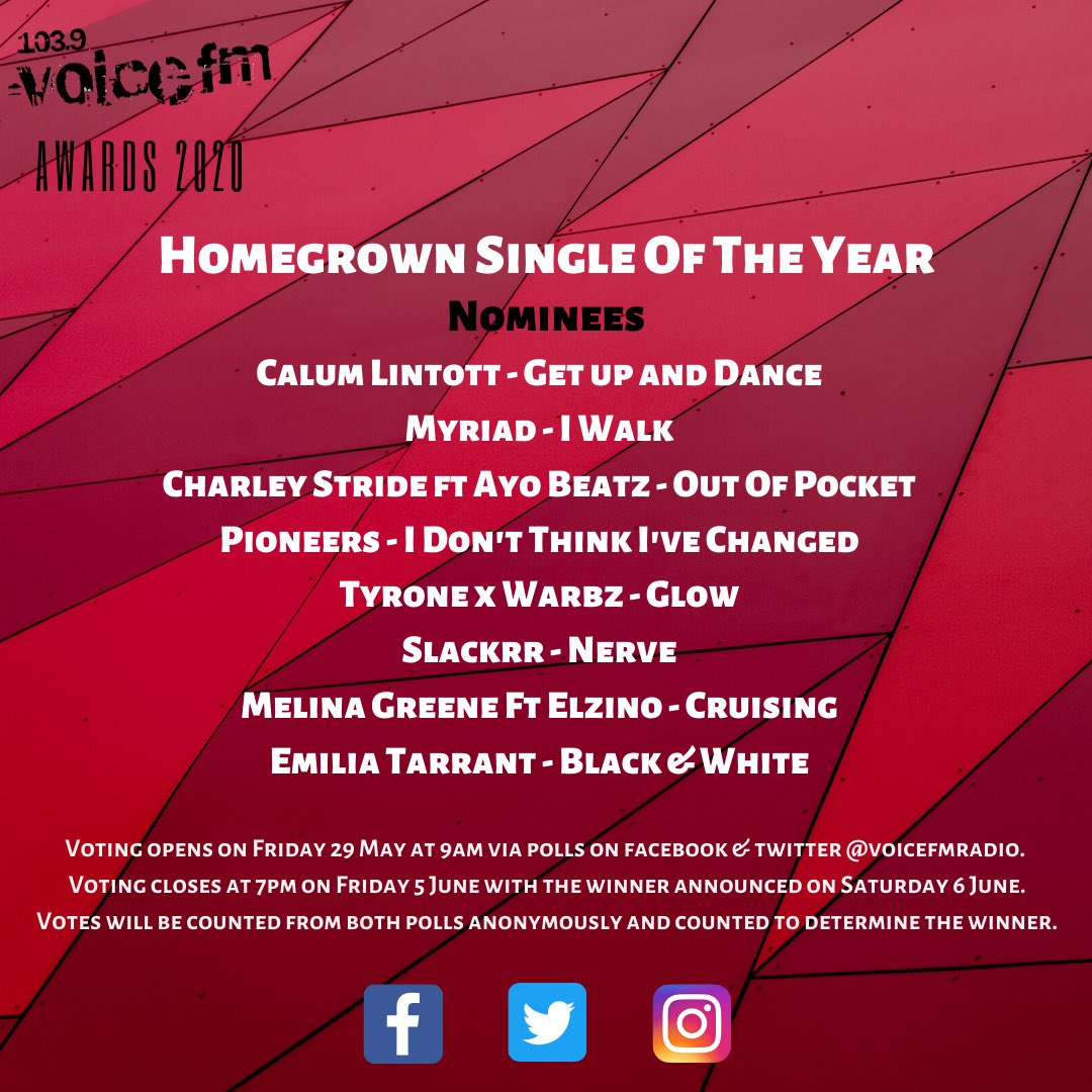 voicefmradio's tweet photo. 🏆 Voice FM Awards 2020: 

VOTING IS NOW OPEN!

Vote for your Homegrown Single Of The Year from the list below.

This poll closes at 7pm on Friday 5 June.

@Calum_Lintott, @MyriadBandUK, @CharleyStrideUK, @UK_Pioneers, @TYRONE1MC, @Slackrr_, @melinagreene_, @emiliatmusic https://t.co/1voM11qbwH
