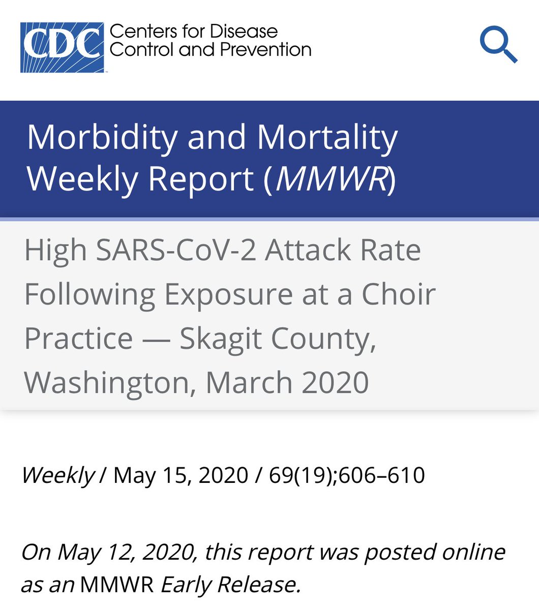 3) Here is the CDC’a  @CDCMMWR report on choir singing epidemic as proof CDC knows it’s dangerous.  https://www.cdc.gov/mmwr/volumes/69/wr/mm6919e6.htm