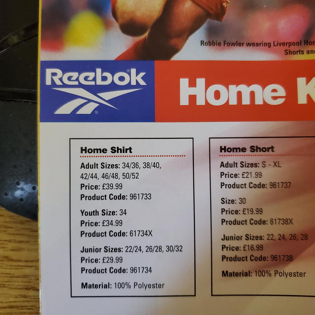 CNaoki's tweet image. 98年のオフィシャルのグッズカタログが出てきたのですが、やはり20年経つと物価違うね。今のKITと丁度￡20の差がある。今、オフィシャルがやってるセール価格が20年前の定価だね。