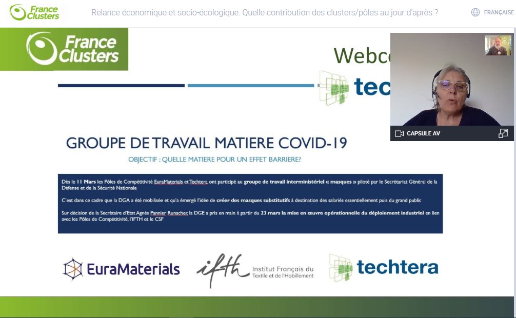 FranceClusters's tweet photo. [WEB-CONFÉRENCE 💻]

🏁 On continue notre premier atelier regard avec l’intervention de Corinne Farace, déléguée générale de @Techtera 🎙

💭 On a quand même eu une mobilisation sans précédent de la filière textile et on a pu bénéficier d'une grande agilité de la filière ! https://t.co/Kua5DrEXQ0