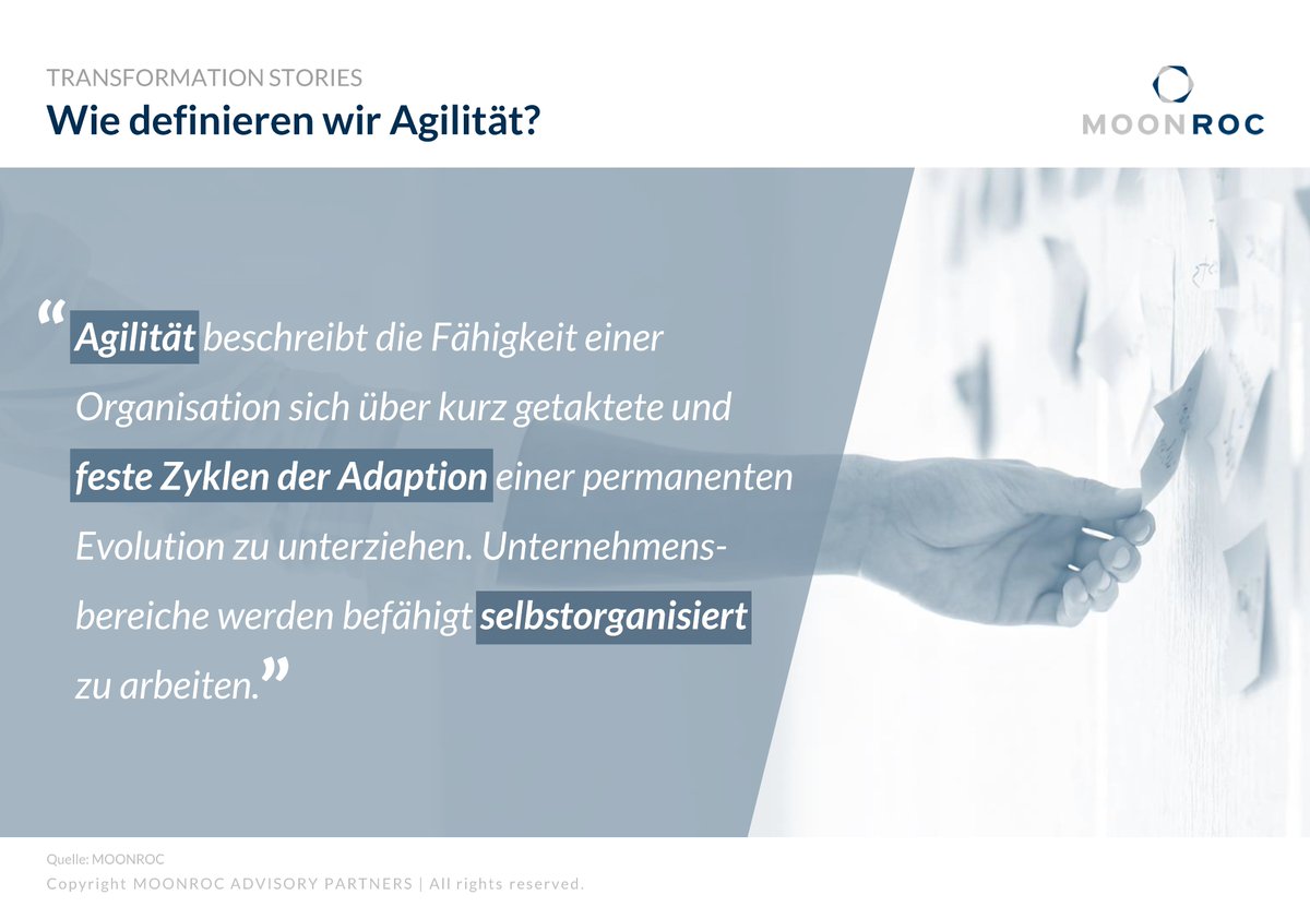 MOONROC_DE's tweet photo. #TRANSFORMATION STORIES:
 "Aber wir machen doch schon #Scrum!" - Sätze wie diese hören wir häufig aber was bedeutet #Agilität eigentlich? Eine belastbare Definition gibt es nicht. Damit Sie sich nicht in Buzzwords verlieren, hier unsere Definition einer agilen Organisation: https://t.co/qcU8u0oRXl