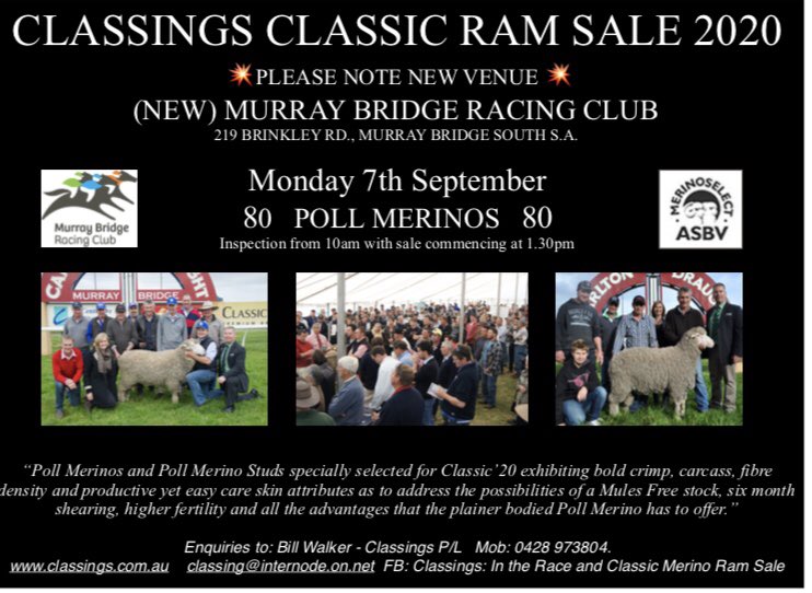💥 It’s official! The Classings Classic’20 Poll Merino Ram Sale is most definitely full steam ahead for Monday September 7th at the brand new Murray Bridge Racing Club - 219 Brinkley Rd - just a few km’s out of town.

Stay tuned for updates regarding distancing protocol etc.