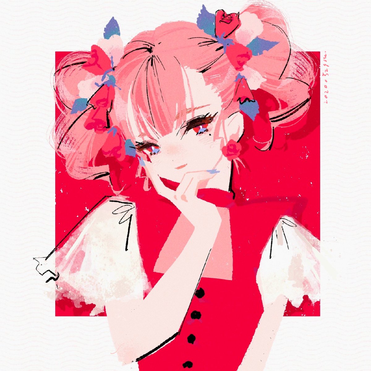 1girl solo pink hair jewelry earrings upper body twintails  illustration images