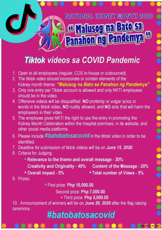 2020NKM's tweet photo. Are you an NKTI employee who is fond of Tiktok? Why not show your talent and make a version of tiktok video for National Kidney Month and be Php 10,000.00 richer ! https://t.co/qJb8ylM0GX