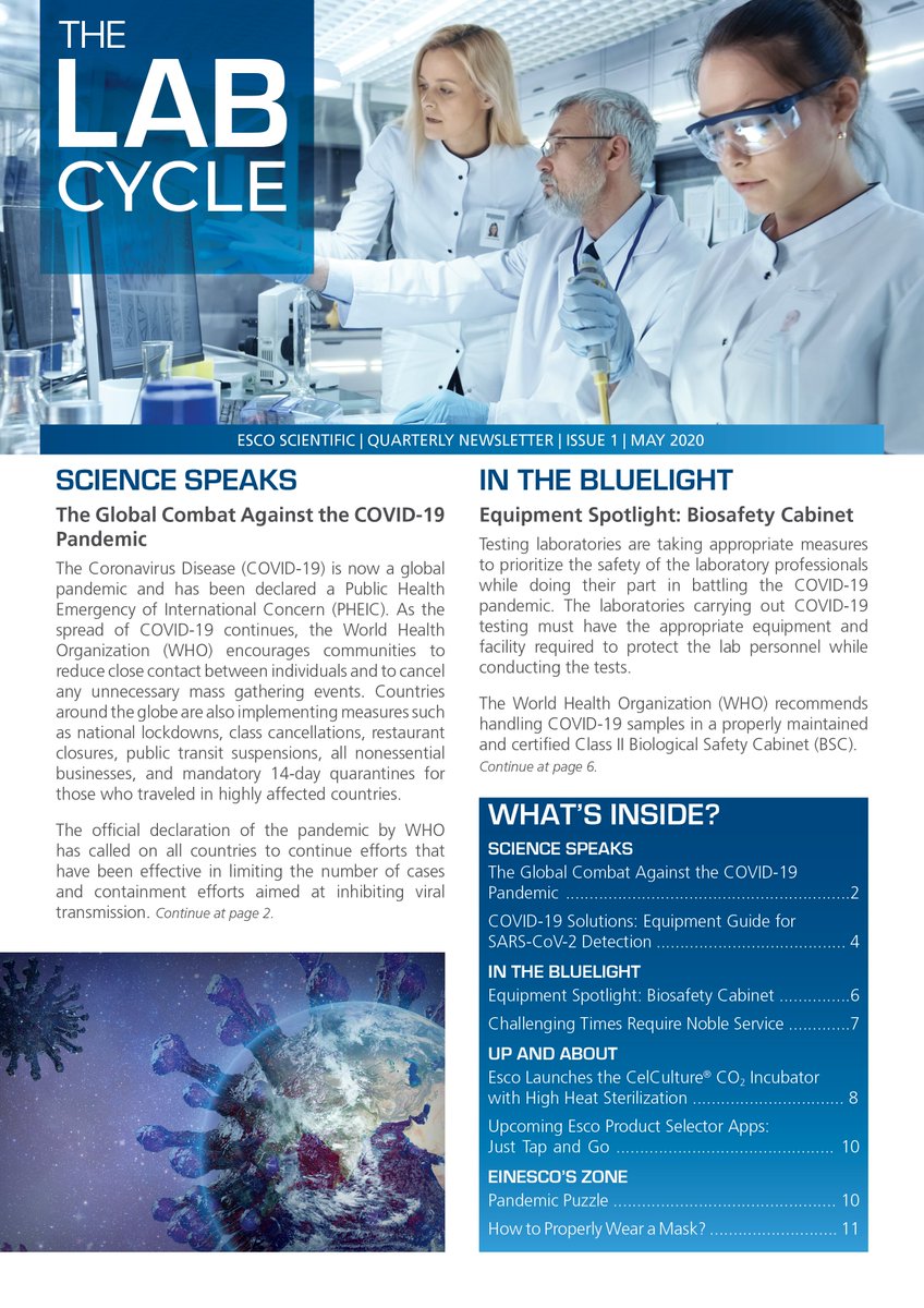 You may download our quarterly newsletter— The Lab Cycle here for FREE! bit.ly/2z6L0Mn

#escocares #esco #laboratory #biosafety #research #discovery #equipment #safety #microbiology #biotechnology #worldclassworldwide #newsletter #lifesciences #science #COVID19 #news