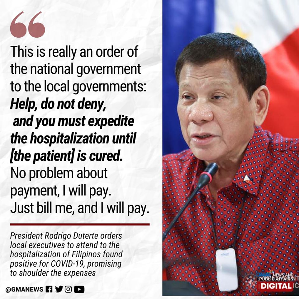 gmanews's tweet photo. Inutusan ni Pangulong Duterte ang local government units na tutukan ang pagpapagamot sa mga pasyenteng may COVID-19. Nangako rin siya na sasagutin daw ng gobyerno ang mga gastusin sa pagpapa-ospital.

BASAHIN: https://t.co/i4d36mxn6E https://t.co/zYW6e4RwYc