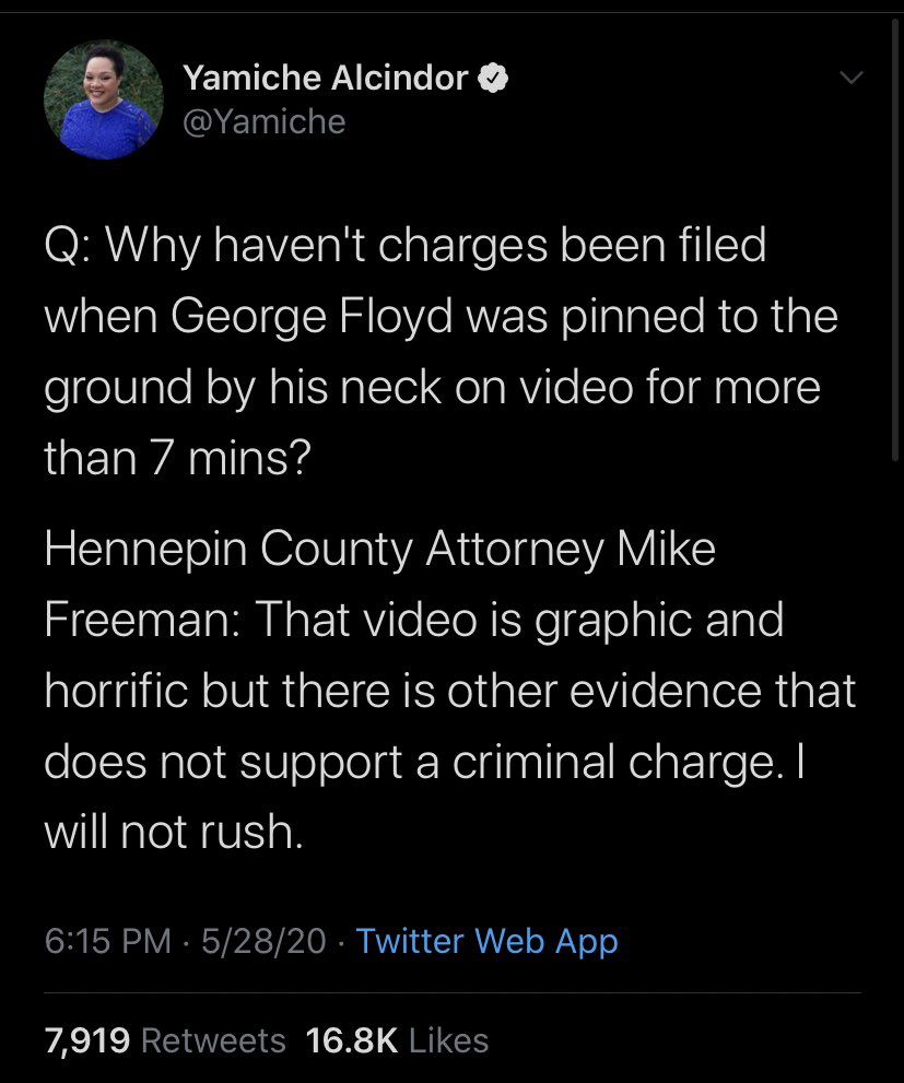 Hannepin District Attorney Mike Freeman had a chance to cool tensions today.Instead, he threw gasoline on the fire by insinuating charges may *never* come.Unbelievably irresponsible.They sent an arsonist out to tamp down a fire.