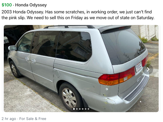 jymdyer's tweet photo. #BestOfNextDoor - Only $100, no pink slip, sellers leaving the state.  This has #TotesLegit stamped all over it! https://t.co/IQ4egsls2g