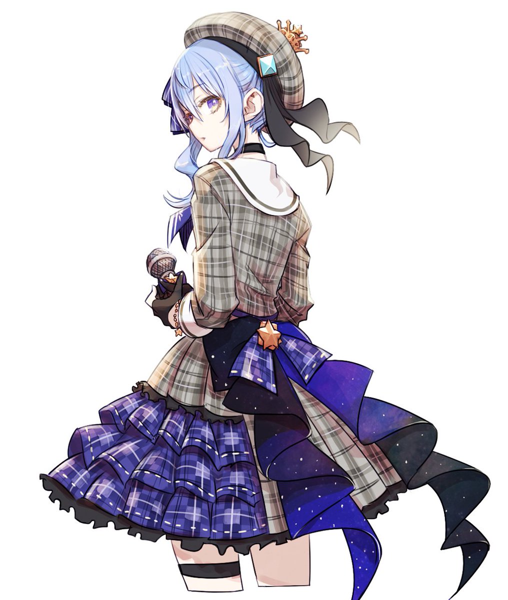 hoshimachi suisei 1girl solo hat blue hair microphone plaid plaid headwear  illustration images