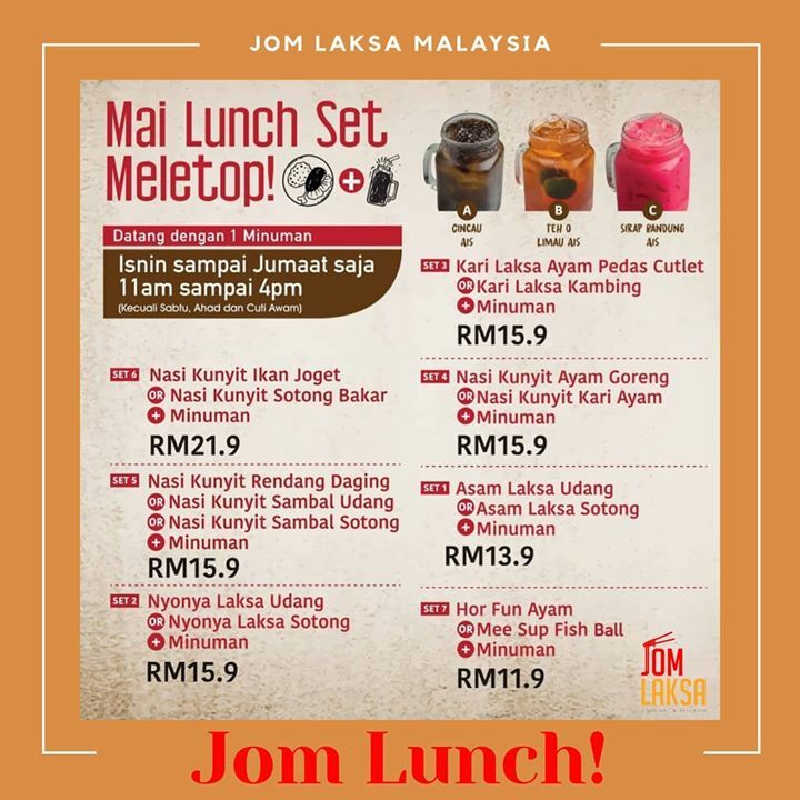 JomLaksa's tweet photo. RINDU NAK MAKAN SET LUNCH DI JOM LAKSA?
JOM makan di @JomLaksa atau order delivery sekarang dari outlet yang berdekatan 🍜
.
Let's GRAB your Golden Set Lunch for DINE IN or TAKE AWAY from ⤵️..
📌 JOM LAKSA DA MEN MALL..
📌 JOM LAKSA CENTRAL i - CITY..
📌 JOM LAKSA iOi CITY M… https://t.co/brcmVNMn9y