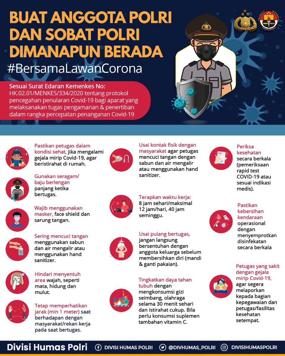 YfrYusub's tweet photo. Polri Siap Menyongsong #TataKehidupanBaru (New Normal)

Petugas yang sakit dengan gejala mirip Covid-19, agar segera melaporkan kepada bagian kepegawaian dan petugas kesehatan. https://t.co/R3LGKF2OiA