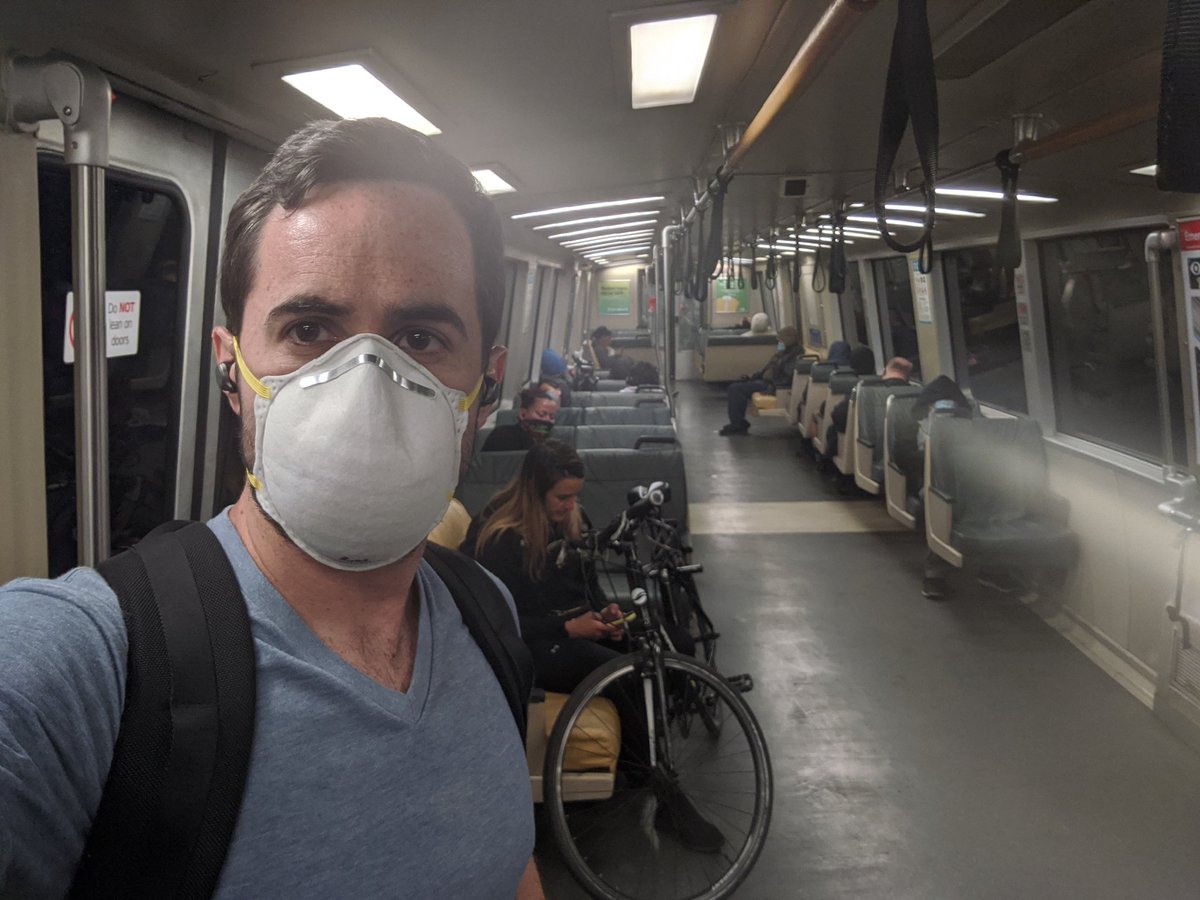 Meanwhile, I'm the only person on BART not touching anything, and part of only about 2/3 of people wearing a mask. The point is: minimize your risk in enclosed spaces; wear a mask indoors and on transit; but enjoy the outdoors.