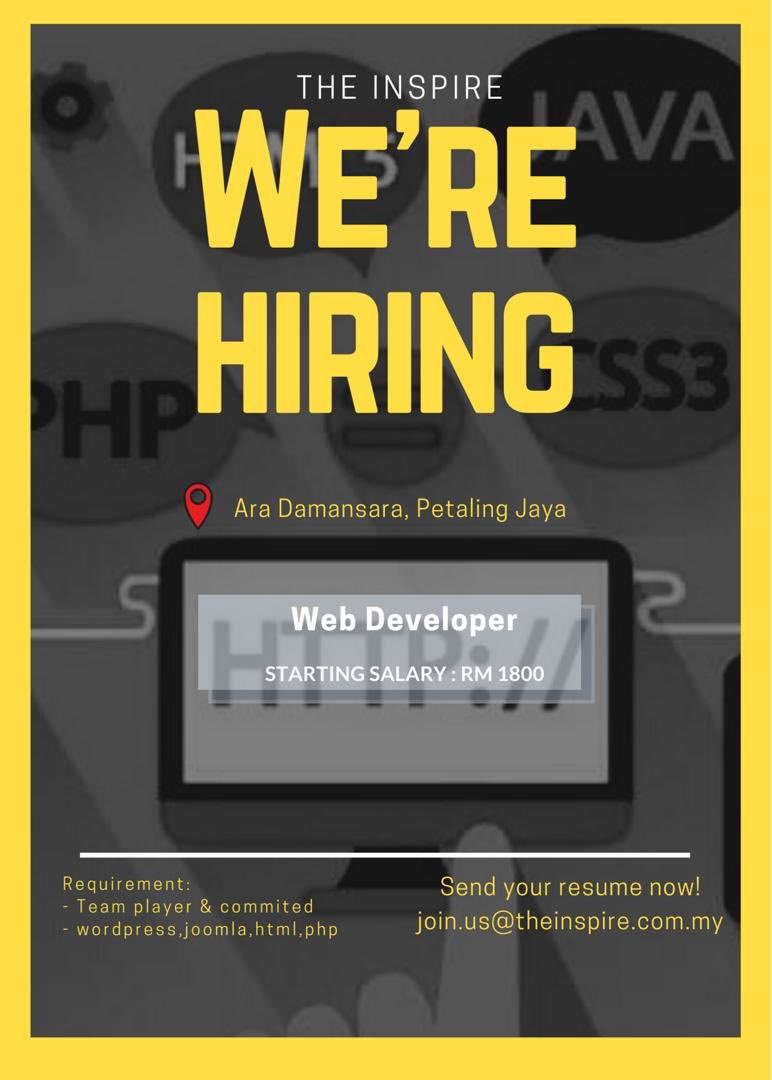 Hi guys! 

We’re currently looking for Web Developer! Wanna be part of our team? Send us your resume right now to join.us@theinspire.com.my 
#readytowork @MauKerjaMY @nazirulaiman97 @portalkerjayamy @_arares @hanifjamals