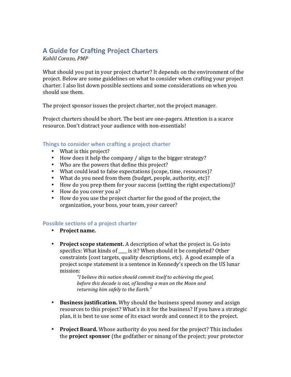 9/ Don't just create a project charter for formality. Use it to:Sell the project: why it is important: you owe it to your team!Ensure stakeholders understand what you are promising, what you need from them, high-level risksName names: share skin in the game2-page guide: