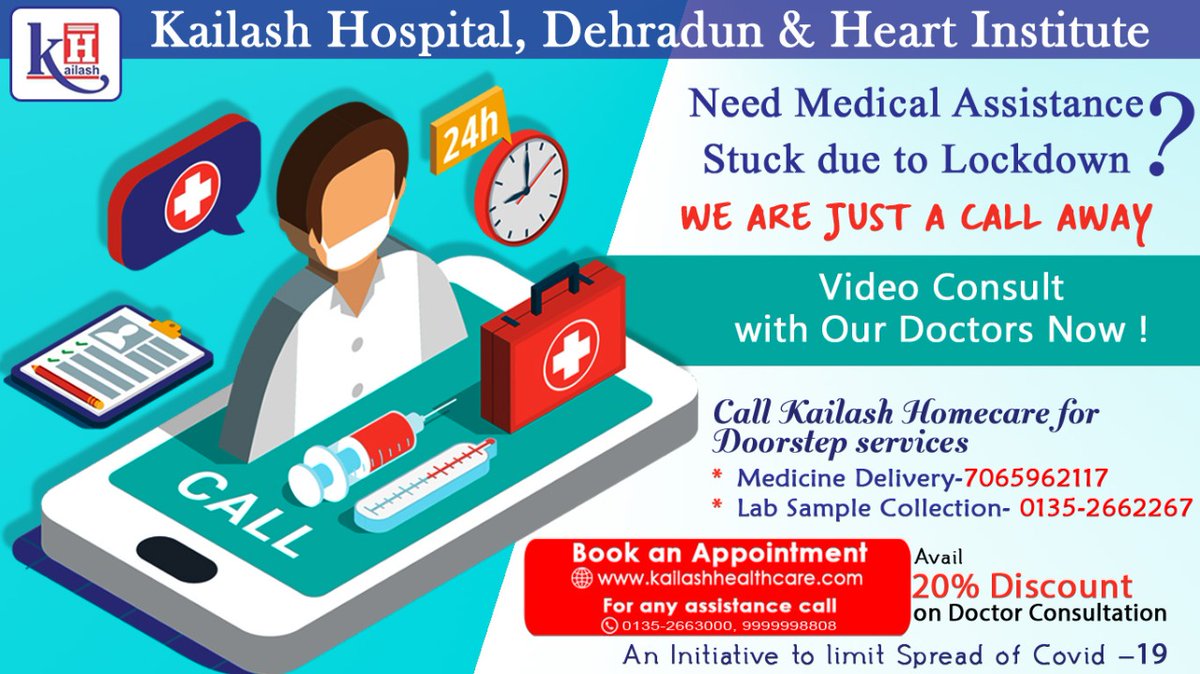 KailashHealth's tweet photo. Amidst lockdown, Video Consult with the top Doctors of Dehradun through Video Consultation & get Home Delivery of Medicines & #LabSampleCollection.
#DoctorConsultation #VideoConsultation #MedicalHelp #Lockdown #StayHomeStaySafe #DoorstepHealthServices #MedicineDelivery #Dehradun https://t.co/stvJotpiAL