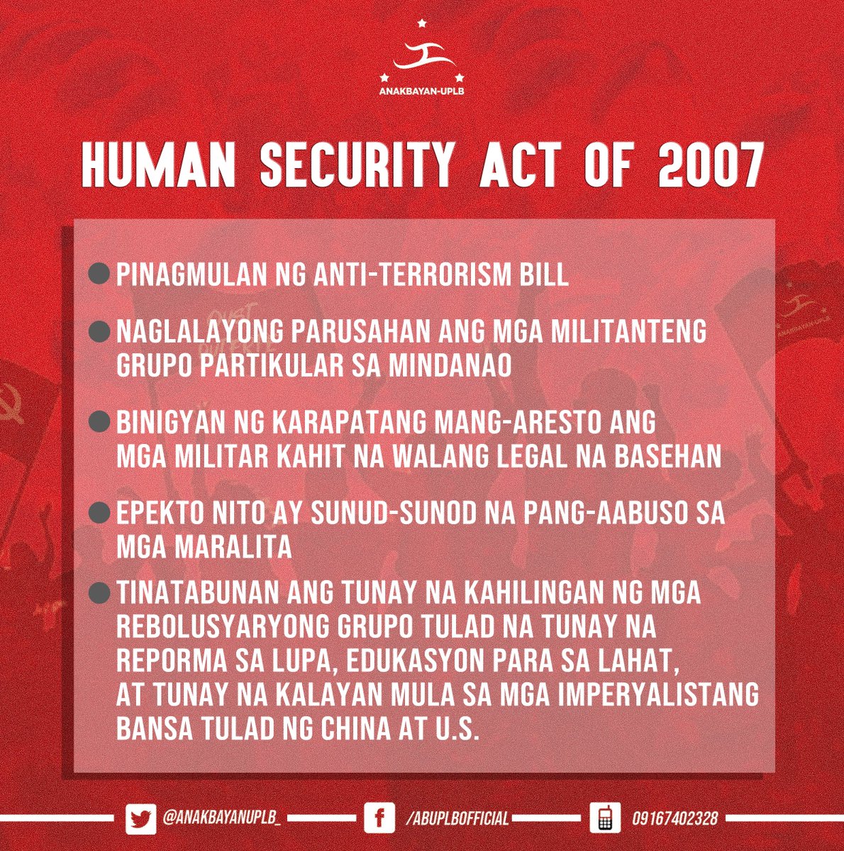 AnakbayanUPLB_'s tweet photo. Ang Anti-Terrorism Act ng 2020 ay hindi nagsusulong na wakasan ang terorismo sa bansa kundi ito ay isang instrumentong gagamitin ng estado upang mas paigtingin ang pasismo at takot sa mga mamamayan.

BASAHIN: https://t.co/y0Wt83iTdT

#JunkTerrorBill
#OustDuterte https://t.co/Wx9zub554V