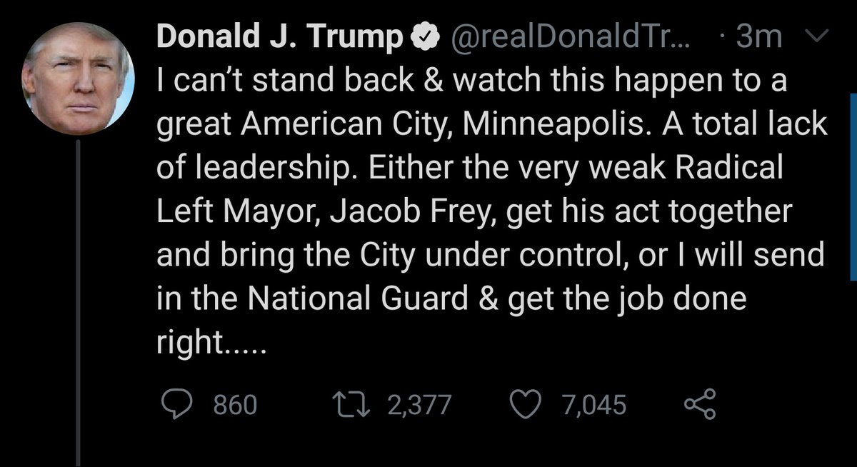 I cannot stress this enough: the president just called for "the Military" to go into Minneapolis and start shooting people. He ended this thought with "thank you!"