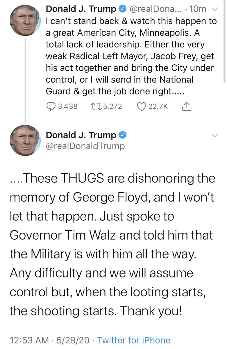 An appalling, inhumane statement by the president of the United States, Donald Trump, at nearly 1am.[Also, the Minnesota National Guard already announced it activated 500 soldiers, so, he’s uninformed in addition to everything else.]