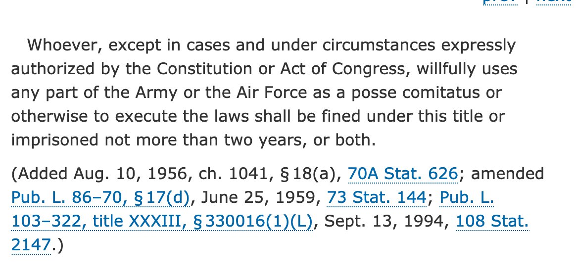 So I guess we have to talk about 18 U.S. Code § 1385 "Use of Army and Air Force as posse comitatus"