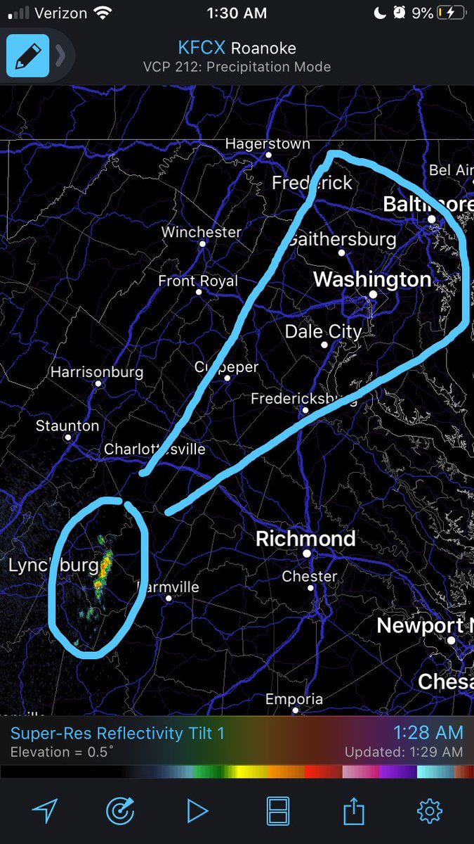 A few thunderstorms are currently positioned just east of Lynchburg. The short range models are showing it developing and hitting somewhere in the DC metro around sunrise. I drew a cone of the approximate areas that could be affected (not all will)  @DCAreaWx  #mdwx  #dcwx  #vawx
