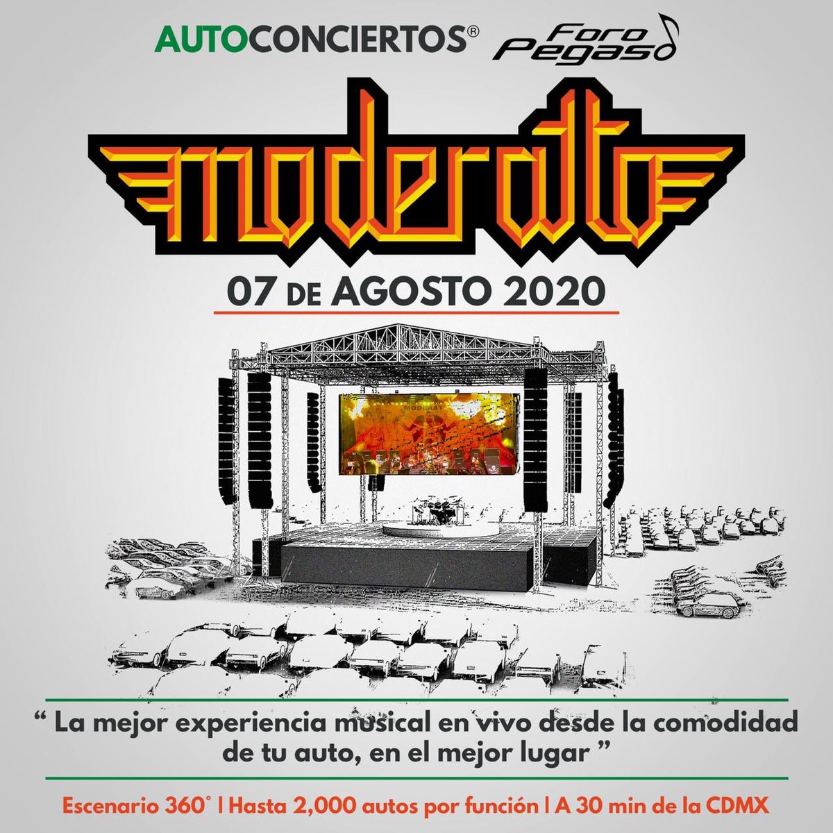 ¡Los shows en vivo tienen que seguir! 
Iniciamos con @Moderatto.

Venta de boletos: A partir del 15 de junio.
 @ForoPegaso
#DesdeTuAuto #MusicaEnVivo
#SanaDistancia #DiversiónSegura #autoconciertos
