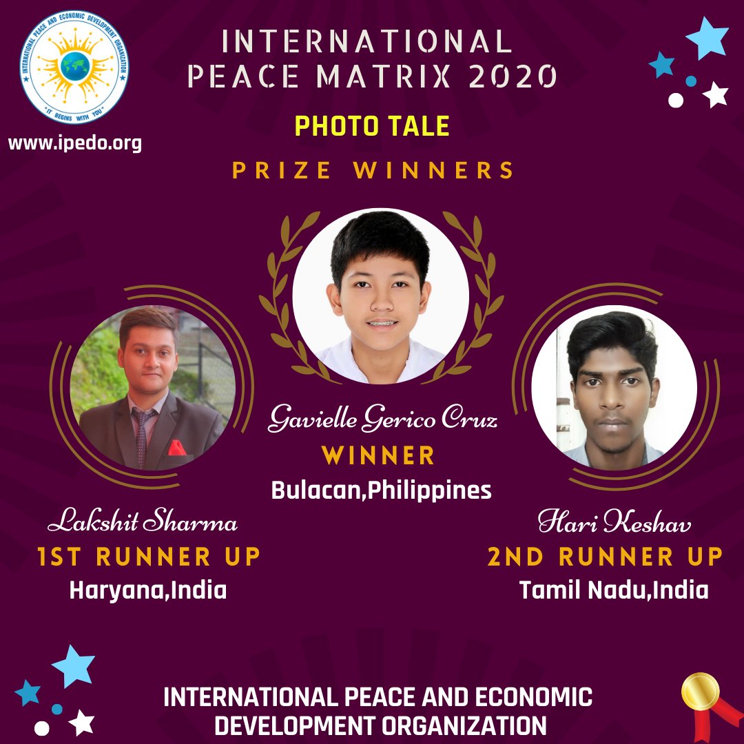 ipedoofficial's tweet photo. The Winning Folks in the Photo Tale Contest of International Peace Matrix 2020! Congratulations Peacemakers!!

https://t.co/2nlb83MmXK 

#Winners #Ipedo #IPM2020Winners #IPM2020 #Announcement #Photography #Peace #Contest #Twitter #PhotoTale #Competition #International https://t.co/GxLuOBy6fg